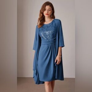 GRACE KARIN Elegant Wrap Dress 2 Piece Chiffon Cardigan with 3/4 Sleeves